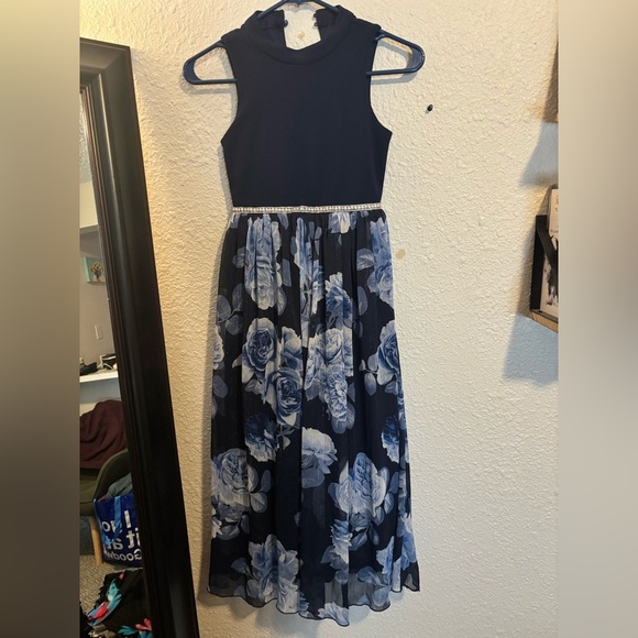 Other - Girls Navy Blue Floral Chiffon Dress Rhinestone Waist Formal Party